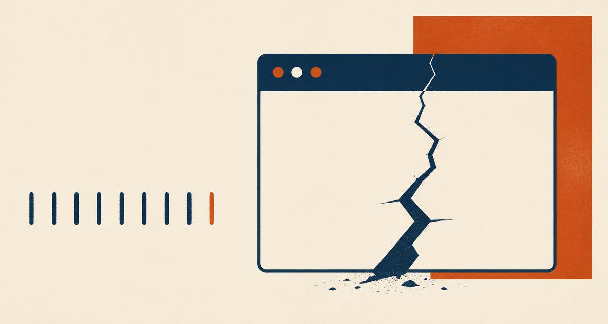 Editorial illustration of a browser window with a crack running through it, beside ten tally marks, in navy and orange on cream