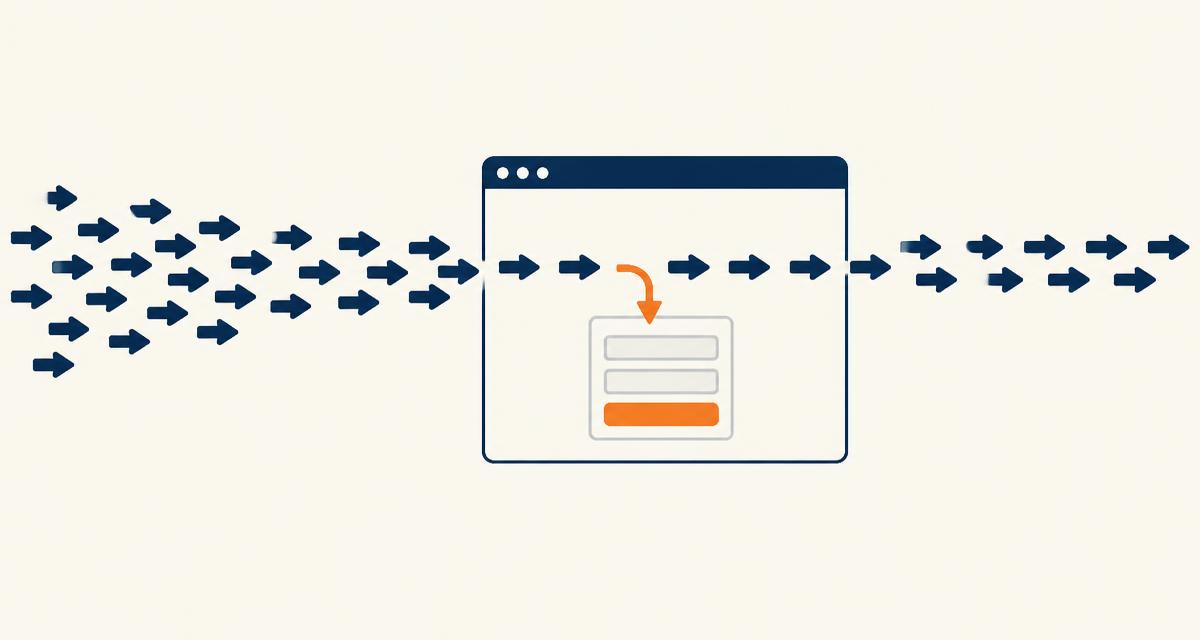 Editorial illustration of navy arrows flowing straight through a browser window while one orange arrow stops at an enquiry form, on a cream background